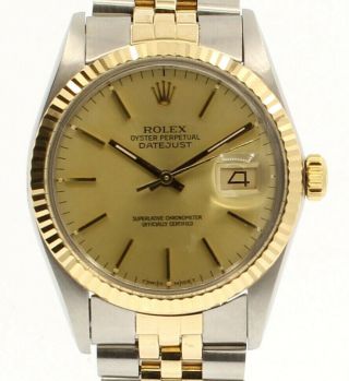 Mens Vintage Rolex Oyster Perpetual Datejust 36mm 18k & Steel Gold Dial Watch