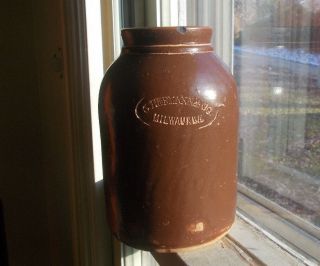 C.  Hermann & Co Milwaukee Emb Stoneware Corker Jar Hand Thrown Pottery 1870s