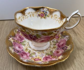 Vintage Royal Albert Porcelain Pink Gold Floral Roses Tea Cup & Saucer