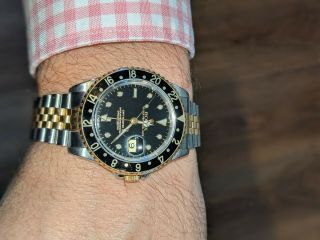 Rolex Gmt - Master Ii 16713 Gold And Steel Black Dial Jubilee Band W/box & Papers