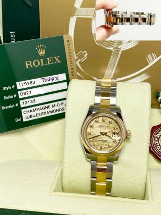 Rolex Datejust 179163 Champagne Mop Jubilee Diamond Dial Steel 18k Gold Box Card