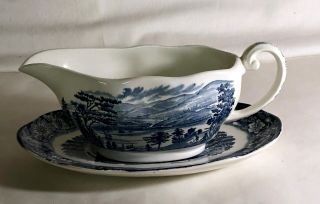 Staffordshire Liberty Blue Gravy Boat With Tray 2