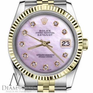 Pink Mother Of Pearl With Diamond Numbers Rolex 31mm Datejust 18k 2 Tone