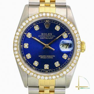 Rolex Datejust Mens 36mm Gold & Ss Blue Diamond Dial And Bezel Watch