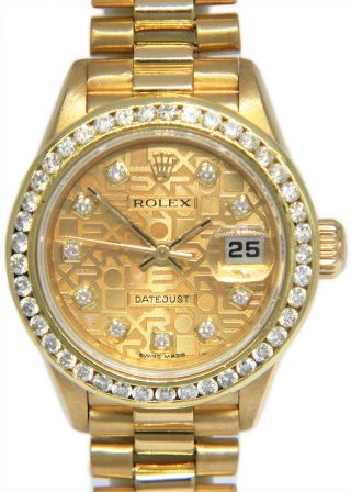 Rolex Datejust President 18k Yellow Gold Jubilee Diamond Ladies Watch 69138