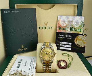 Rolex Mens 18kt Gold & Stainless Datejust Champagne Stick Dial 16233 Sant Blanc
