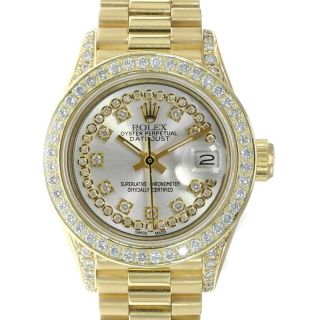 Rolex Datejust Watch 18ky Lady President Silver String Diamond Dial & Bezel 26mm