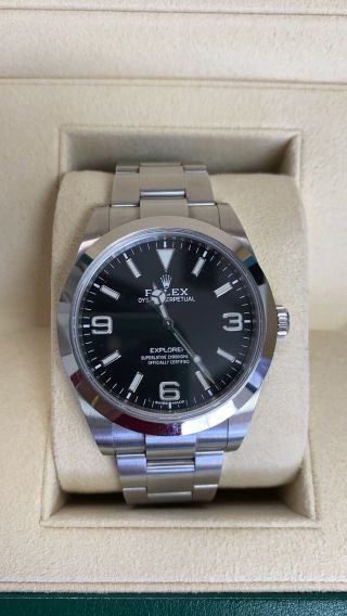 Rolex Explorer Stainless Steel Black Dial Mens 39mm Watch / Box 214270