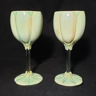 2 Newman Studio Pottery Ceramic Floral Wine Glasses Goblets Porcelain Clay Cups
