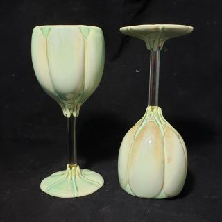 2 Newman Studio Pottery Ceramic Floral Wine Glasses Goblets Porcelain Clay Cups 3