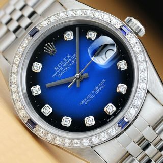 Mens Rolex Datejust 16234 Blue Vignette 18k White Gold Diamond Sapphire Watch