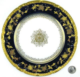 Antique French Porcelain Plate Gda Limoges Cobalt Raised Gold,  Center Medallion