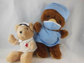 Russ Berrie Teddy Bears 1983 Dr.  9.  5 " & Nurse 8 " Plush Dolls Made In Usa & Korea