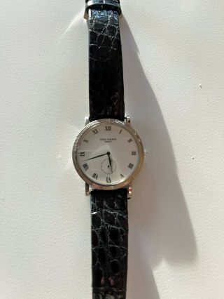 Patek Philippe Calatrava 18k White Gold 3919g Hobnail White Roman Leather Watch