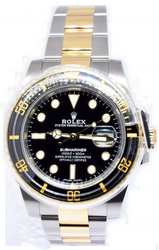 Rolex Submariner Date 18k Gold & Steel Ceramic Black Watch Box/papers 116613