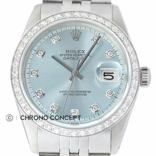 Mens Rolex Diamond Datejust 18k White Gold & Stainless Steel Ice Blue Dial Watch