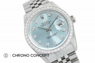 Mens Rolex Diamond Datejust 18K White Gold & Stainless Steel Ice Blue Dial Watch 2