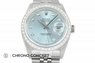 Mens Rolex Diamond Datejust 18K White Gold & Stainless Steel Ice Blue Dial Watch 5