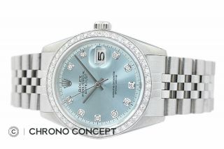 Mens Rolex Diamond Datejust 18K White Gold & Stainless Steel Ice Blue Dial Watch 6