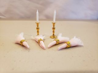 Doll House Miniatures 1:12 Scale Gold Candlesticks And Pink Napkin Rings