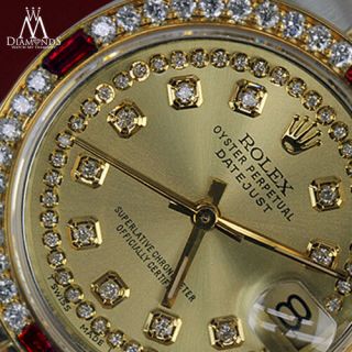 Ladies Rolex 26mm Datejust Ss & 18k Watch Champagne String Dial Ruby & Diamond
