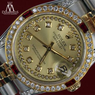 Ladies Rolex 26mm Datejust SS & 18k Watch Champagne String Dial Ruby & Diamond 2