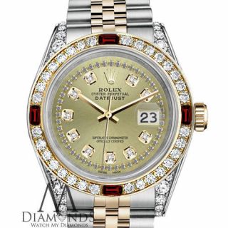 Ladies Rolex 26mm Datejust SS & 18k Watch Champagne String Dial Ruby & Diamond 3