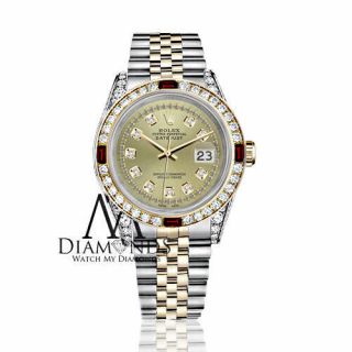 Ladies Rolex 26mm Datejust SS & 18k Watch Champagne String Dial Ruby & Diamond 4