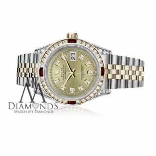Ladies Rolex 26mm Datejust SS & 18k Watch Champagne String Dial Ruby & Diamond 5