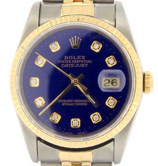 Mens Rolex Datejust 18k Gold Steel Watch With Submariner Blue Diamond Dial 16233