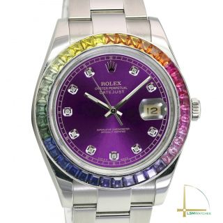Rolex Datejust Ii Mens Watch Steel Purple Diamond Dial Rainbow Bezel Oyster 41mm