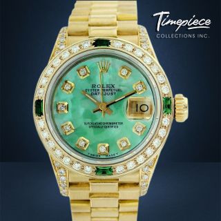 Rolex Datejust Lady 18k Yellow Gold Watch Green Mop Diamond Dial,  Bezel & Lugs
