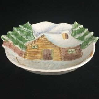 Large Vtg Serving Bowl 13 3/4 " By The Cellar Log Cabin Christmas Made In Italy