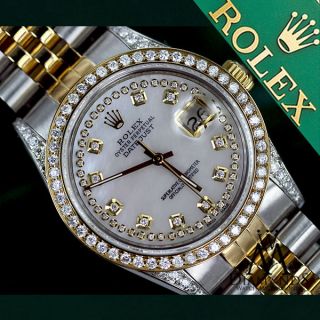 Ladies Rolex Steel & Gold 31mm Datejust Watch White Mop String Diamond Dial