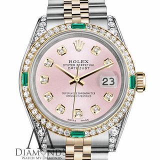 Ladies Rolex Steel & Gold 36mm Datejust Watch Metallic Pink Diamond Emerald Dial