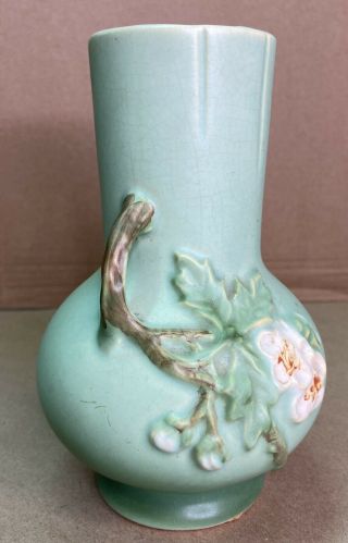 Vintage Weller Pottery Oak Leaf Flower Vase G 4 Matte Blue Green Floral Embossed