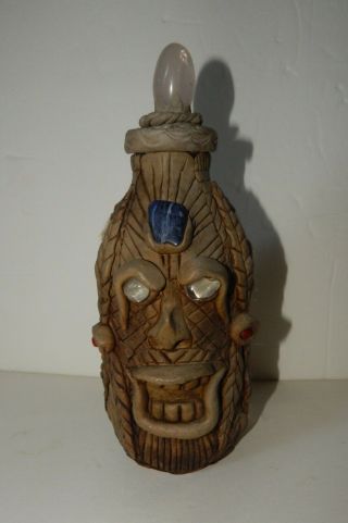 Folk Art Fur & Pottery Ugly Face Bottle / Jug Sculpture With Stones