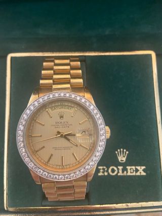 Mens Rolex Day - Date President Solid 18k Gold Watch Diamond 1.  3 Ct Bezel 18038