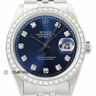 Mens Rolex Diamond Datejust 18k White Gold & Stainless Steel Blue Dial Watch