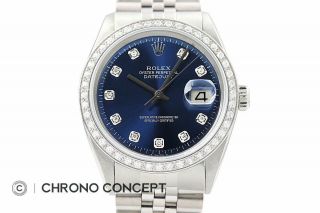 Mens Rolex Diamond Datejust 18K White Gold & Stainless Steel Blue Dial Watch 5