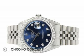 Mens Rolex Diamond Datejust 18K White Gold & Stainless Steel Blue Dial Watch 6