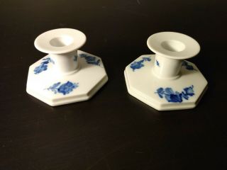 Rare Vintage Royal Copenhagen 2 1/8 " Candle Stick Holders Blue Insects & Flower