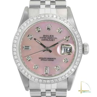 Mens Rolex Watch Datejust 36mm Steel Custom Pink Mother Of Pearl W Diamond
