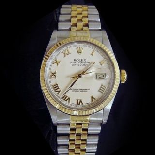 Rolex 2tone 18k Gold/stainless Steel Datejust Ivory Roman W/jubilee Band 16013