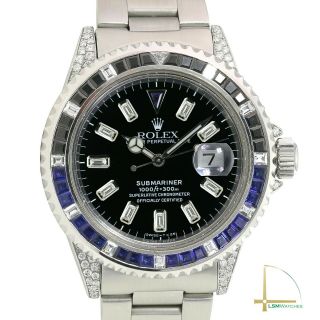 Rolex Submariner Ss 40mm Black Diamond Baguette Dial Black Sapphire Bezel Watch