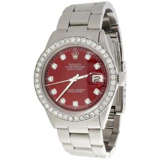 Mens Rolex 36mm Datejust Diamond Watch Oyster Steel Band Custom Red Dial 2 Ct.