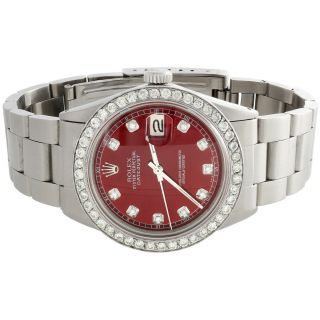 Mens Rolex 36mm DateJust Diamond Watch Oyster Steel Band Custom Red Dial 2 CT. 3