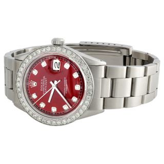 Mens Rolex 36mm DateJust Diamond Watch Oyster Steel Band Custom Red Dial 2 CT. 5