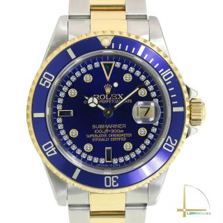 Rolex Submariner Mens Watch 18ky & Ss Blue String Diamond Dial Oyster Band 40mm
