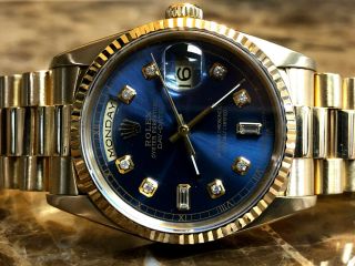 Rolex President Day Date 36mm Mens 18k Yellow Gold With Blue Diamond Dial 18238